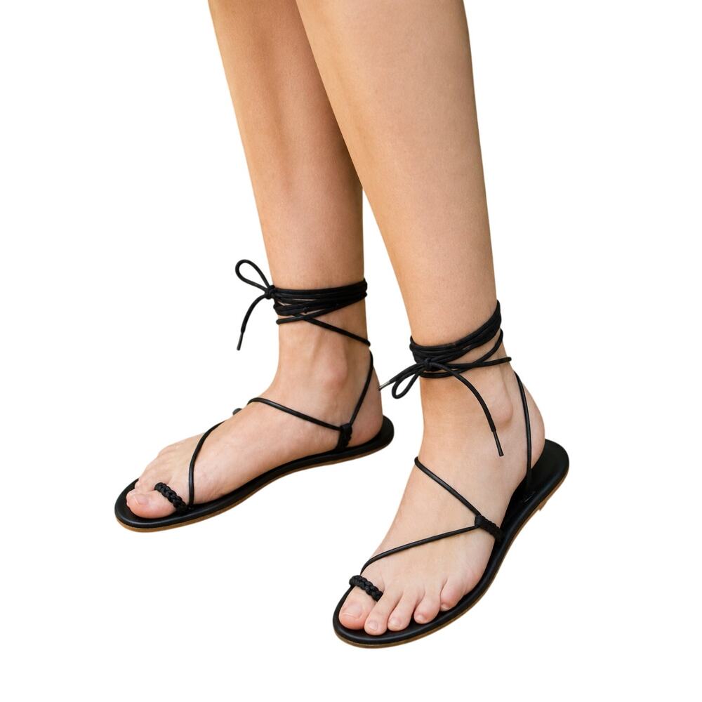 Doen Black Leather Braided Loop Sandals Size 7
